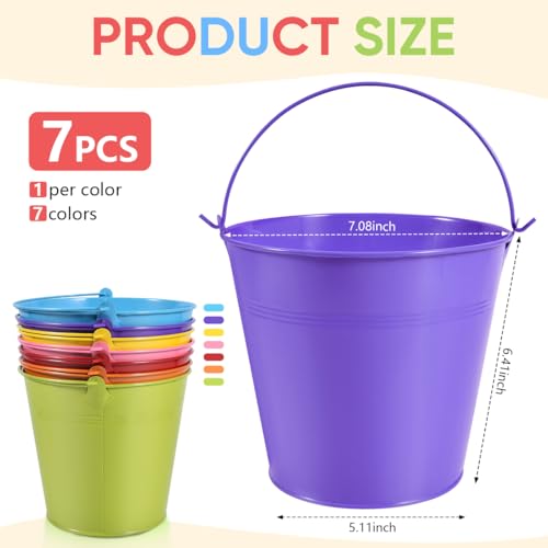 Galvanized Metal Buckets with Handles, 7 Pack Small Colorful Pails