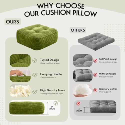 11-Inch Thick Square Floor Pillow with Washable Corduroy Cover