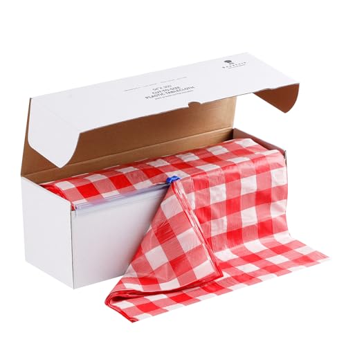 Red Checkered Plastic Table Cover Roll 54 Inch x 300 Feet with Cutter Box