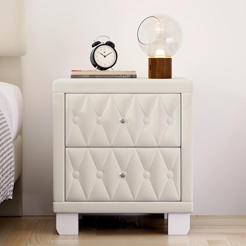 Velvet Upholstered Nightstand with 2 Drawers and Crystal Handles, Beige