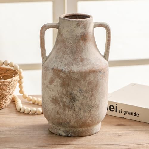11-Inch Ceramic Flower Vase with Handles - Rustic Farmhouse Table Decor