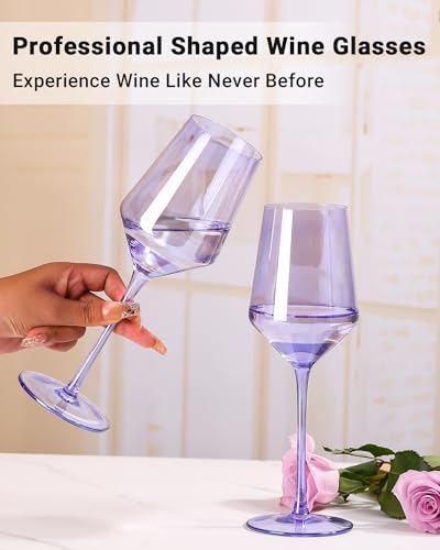 Physkoa Purple 15oz Hand-Blown Crystal Wine Glasses, Set of 6 Stemware