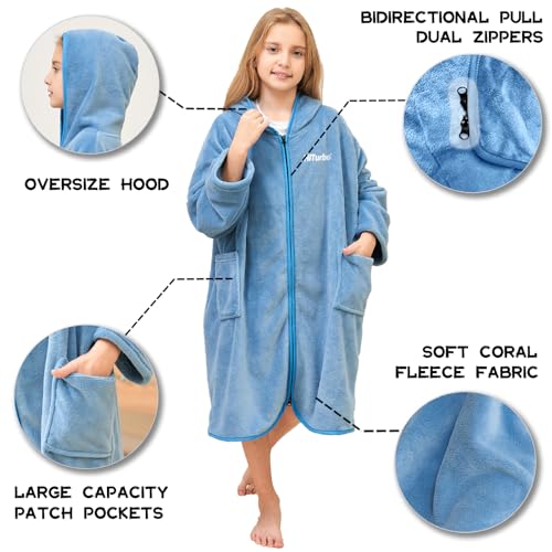 Hiturbo Kids Hooded Surf Poncho Towel - Fleece Changing Robe (Ages 7-12)