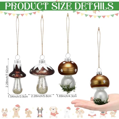 Vercraft Rustic Glass Mushroom Christmas Ornaments - Set of 6 for Holiday Decor