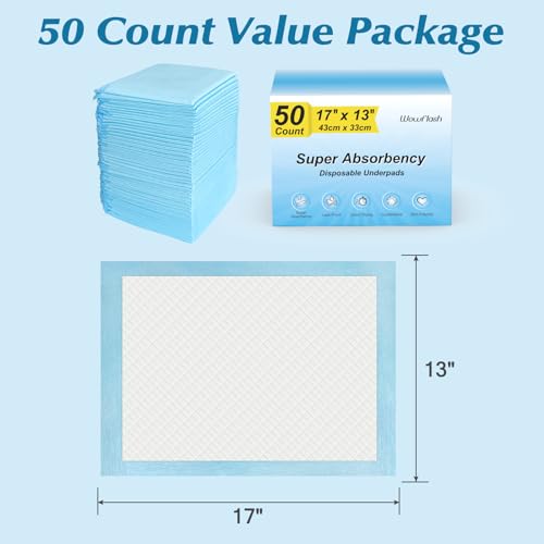 Wowflash Disposable Changing Pads 50 Count 17x13 Leakproof Underpads