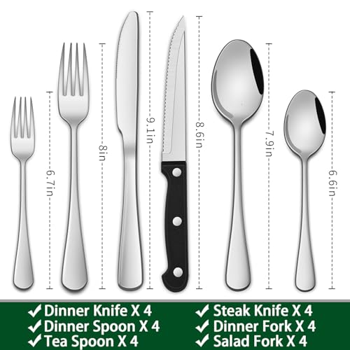 24-Piece Stainless Steel Silverware Set with Steak Knives for 4 People