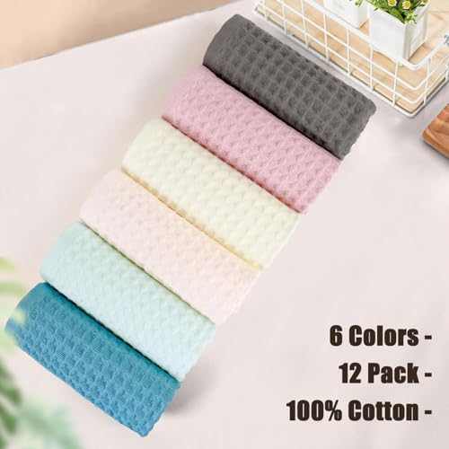 Cleanbear Set of 12 Cotton Waffle Wash Cloths - Cream, Pink, Green & More