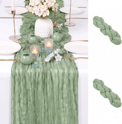 2 Pack Sage Green Cheesecloth Table Runner 17x108 Inch Boho Gauze Decor