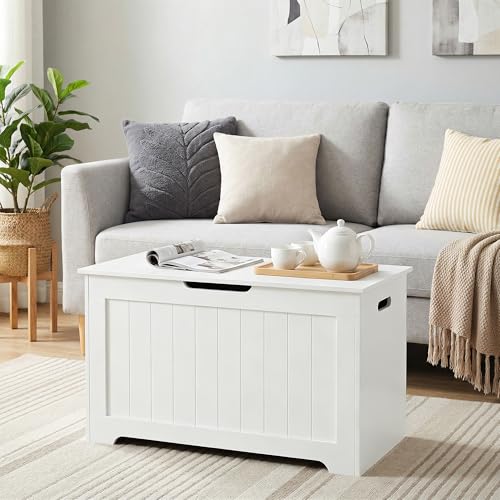 Large Wood Storage Chest with Safety Hinge and Flip-Top Lid, 100L White