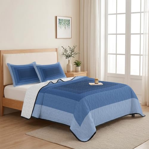 Twin XL 3D Optical Illusion Quilt Bedding Set - Blue Geometric Comforter with Pillowcases