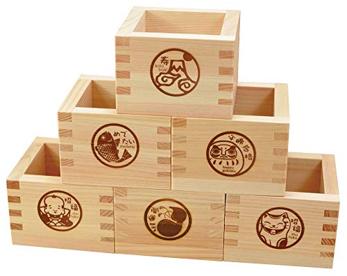 EDOYA Hinoki Wood Sake Cups Set of 2 – Japanese Masu with Lucky Pattern, Handmade in Japan, 170ml