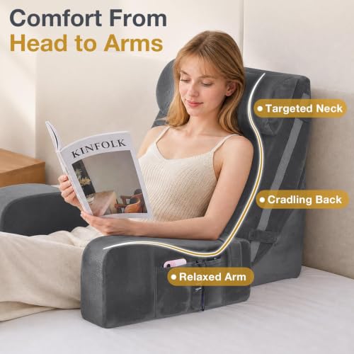 Adjustable 15-25 Inch Reading Pillow with Armrests - Dark Grey