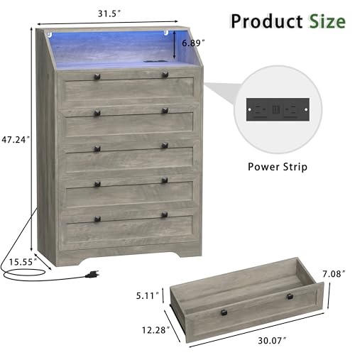 5-Drawer Tall Dresser with LED Lights, Charging Station, and Storage