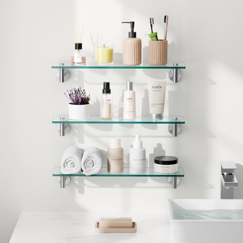 20-Inch Tempered Glass Bathroom Wall Shelf, 3-Pack with Stainless Brackets