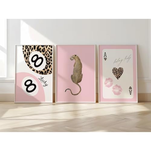 Preppy Cheetah Canvas Wall Art Set Pink Aesthetic Bedroom Decor
