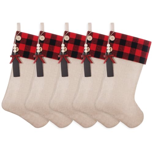 Personalized Burlap Christmas Stockings 5 Pcs with Buffalo Plaid Cuff & Wooden Name Tags - DIY Name + 19.5in (Shgngle, 5pcs)