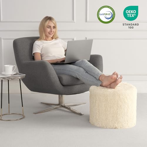 Round Faux Fur Pouf Ottoman, 17 x 14 Inch Firm Foot Rest, Beige