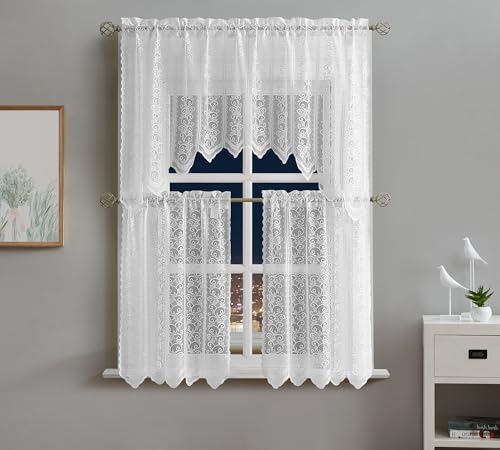 White Lace Kitchen Curtains 3-Piece Set with Valance & Tiers