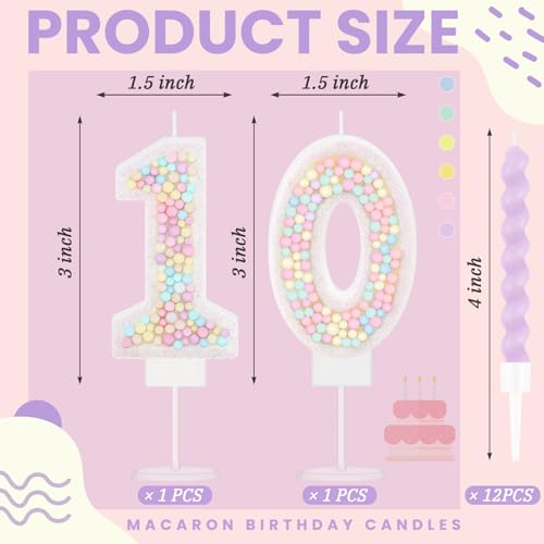 Macaron Number 10 Birthday Candle Set with 12 Pastel Rainbow Spiral Candles
