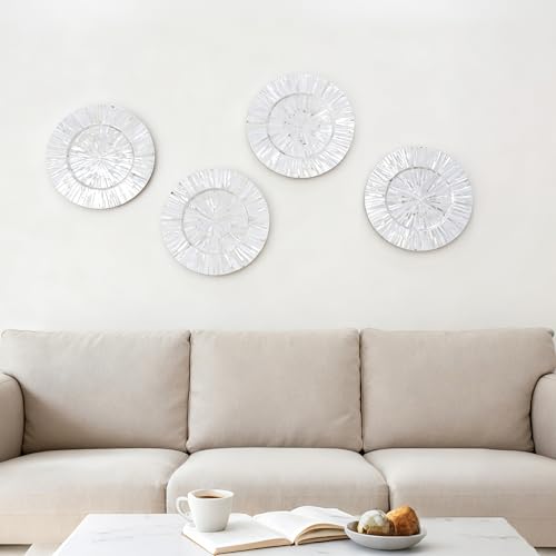 Champagne White 4-Piece Wooden Mother of Pearl Charger Plates Set - Radiating Gold Inlay, Artisanal Round Placemats for Weddings & Holidays