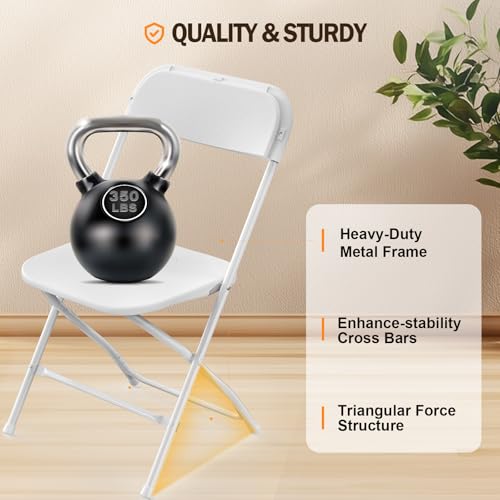 Folding Chairs Set of 10, White Plastic Seat with Sturdy Metal Frame