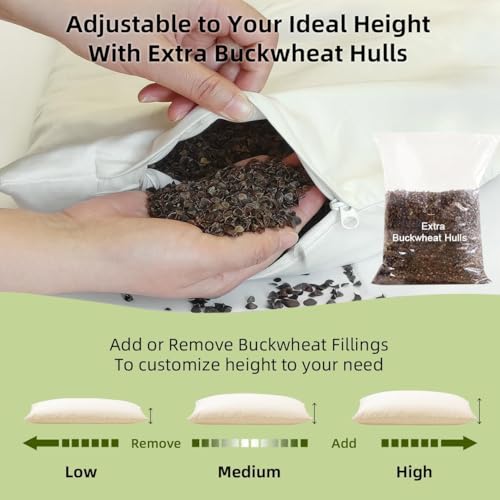 Organic Buckwheat Pillow 20x26 - Adjustable Height, Neck Support
