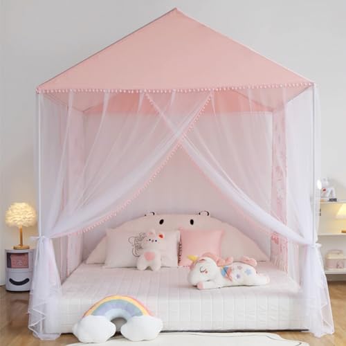 Girls Bed Canopy Mosquito Net with Pompoms for House Bed, Pink