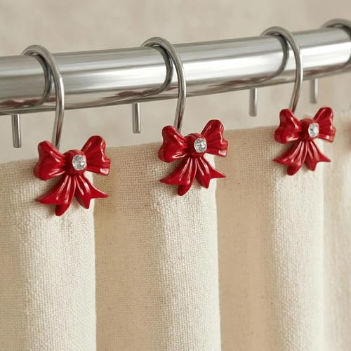 PopKozzi Red Christmas Bow Shower Curtain Hooks, 12Pcs - Resin Bow Tie Curtain Rings