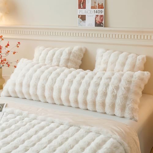Fluffy Faux Rabbit Fur Body Pillow Cover 20x54, Beige Shaggy Pillowcase