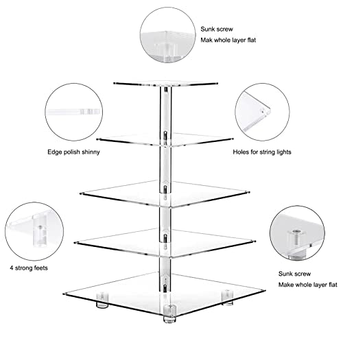 OLACHIKKO Blue 5-Tier Square Cupcake Stand with LED Light String - Wedding & Party Dessert Tower