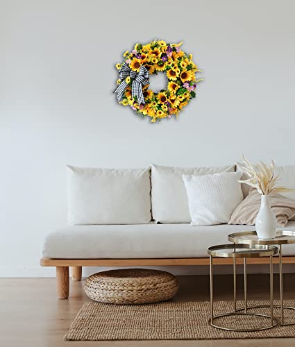 18-Inch Artificial Sunflower Wreath with Bow for Front Door Spring Decor