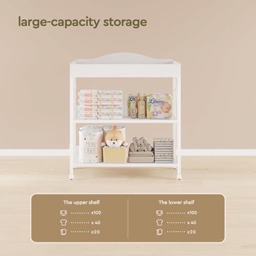Mobile Baby Changing Table with Waterproof Pad and 2-Tier Storage Shelves