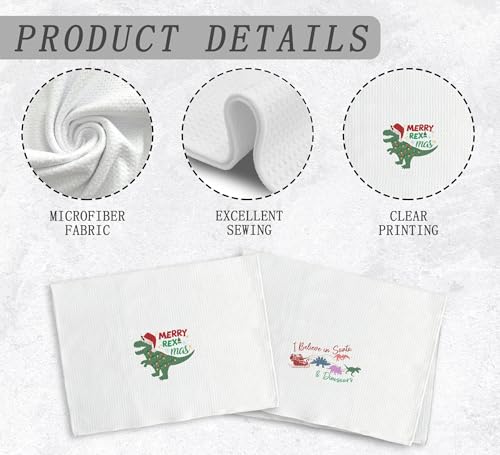 Christmas Dinosaur Kitchen Towels and Dishcloths Set of 2 - Merry Rexmas Santa T Rex Drying Cloths, 16x24 Inch, Home Decor Gift