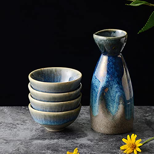 Japanese Ceramic Sake Set with Bottle and 4 Cups - Traditional Tokkuri & Ochoko