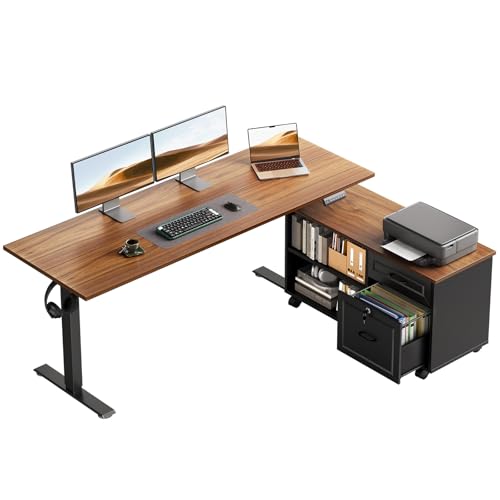 55" L-Shaped Electric Standing Desk with Mobile File Cabinet Storage