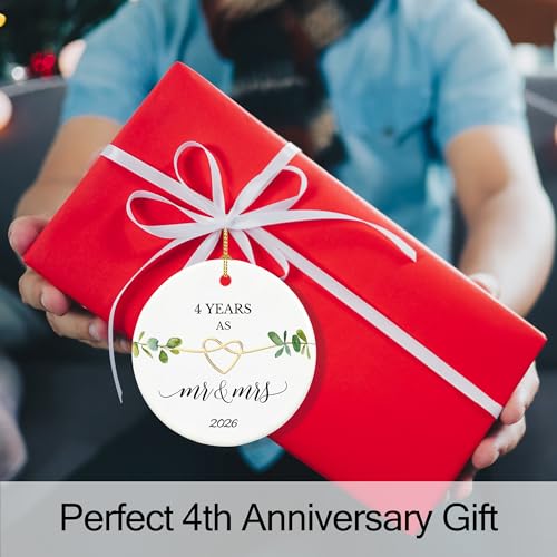 4th Anniversary Ornament - 2.9" White Ceramic Hanging Ornament for 4 Year Anniversary