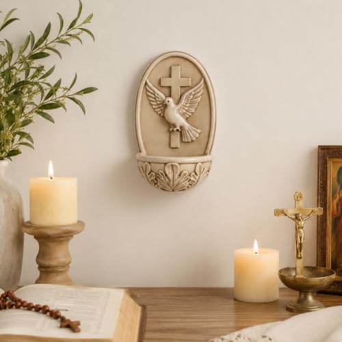 Catholic Holy Water Font for Wall - Resin Cross and Dove Blessing Bowl, 6.8 In