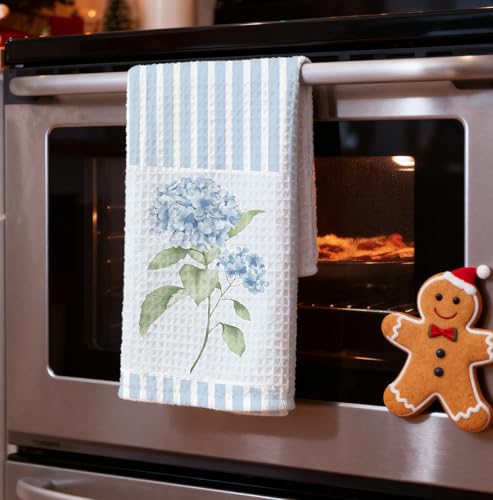 Summer-Striped Hydrangea Kitchen Towels 16x24” — Blue Stripe Hand & Dish Towel Set