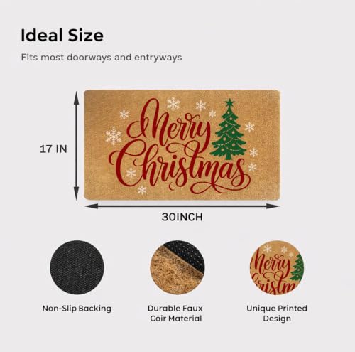 Merry Christmas Tree Door Mat - Holiday Coir Doormat with Snowflakes