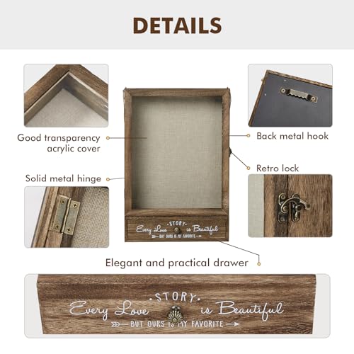 Rustic Wood Shadow Box Display Case with Drawer - 11x16 Keepsake Frame