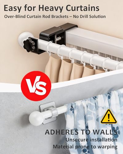 No Drill Curtain Rod Brackets for Blinds - Adjustable Tool-Free Holders