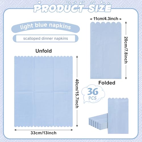 36 Pcs Light Blue Paper Napkins with Scalloped Trim - 2-Ply Guest Napkins