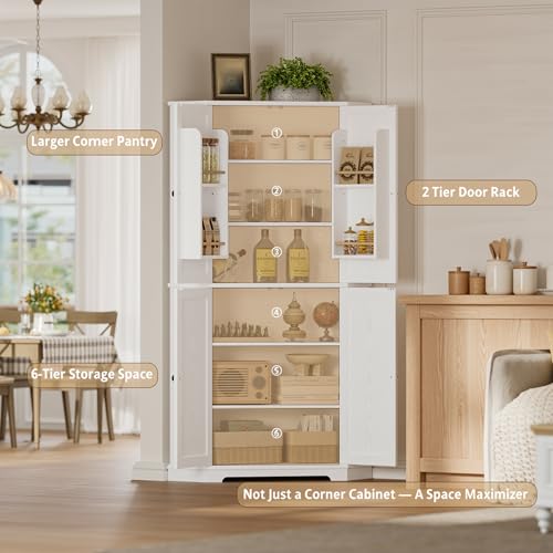 72-inch Farmhouse Corner Pantry Cabinet with Adjustable Shelves, White