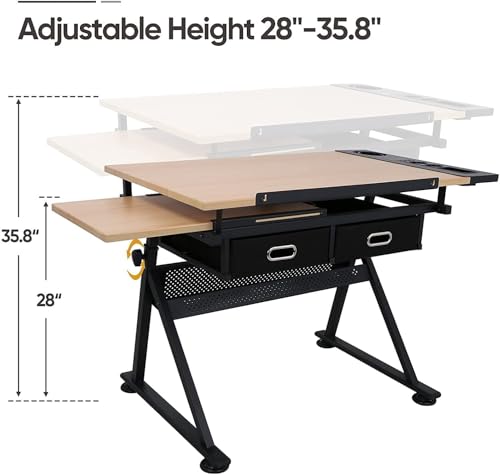 Adjustable Drafting Table with Stool and 2 Drawers, Tilting Art Desk