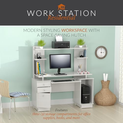 Computer Desk with Hutch, Keyboard Tray and Storage Drawers - Washed Oak