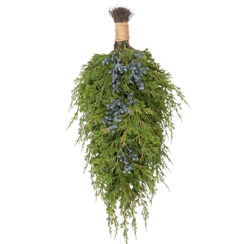 20-Inch Artificial Cedar Teardrop Swag with Blueberries for Front Door