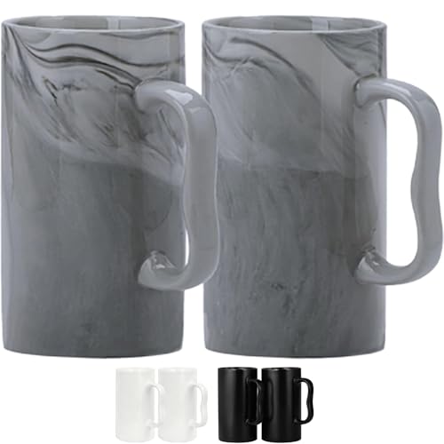 NBABSR 20 oz Grey Marble Mugs Set of 2 with Large M-Handle - Porcelain Coffee Tea Cups 600ml