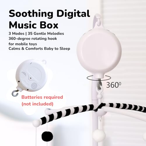 Black and White Montessori Crib Mobile with Digital Music Box - Woodland Theme