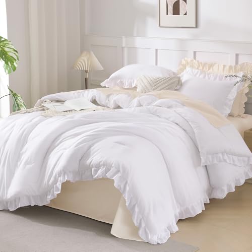 3-Piece White Ruffle Comforter Set, Soft All-Season Farmhouse Bedding