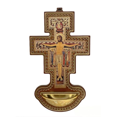 6.5 Inch San Damiano Crucifix with Holy Water Font for Home Wall Decor